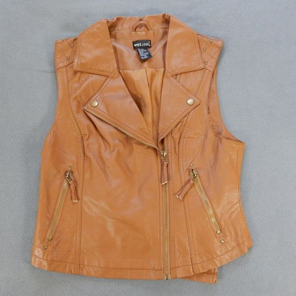 Wet-seal Jackets & Blazers - Wet Seal Womens Vest XL Brown Moto Pleather Vegan Faux Leather Studded Zip Snap
